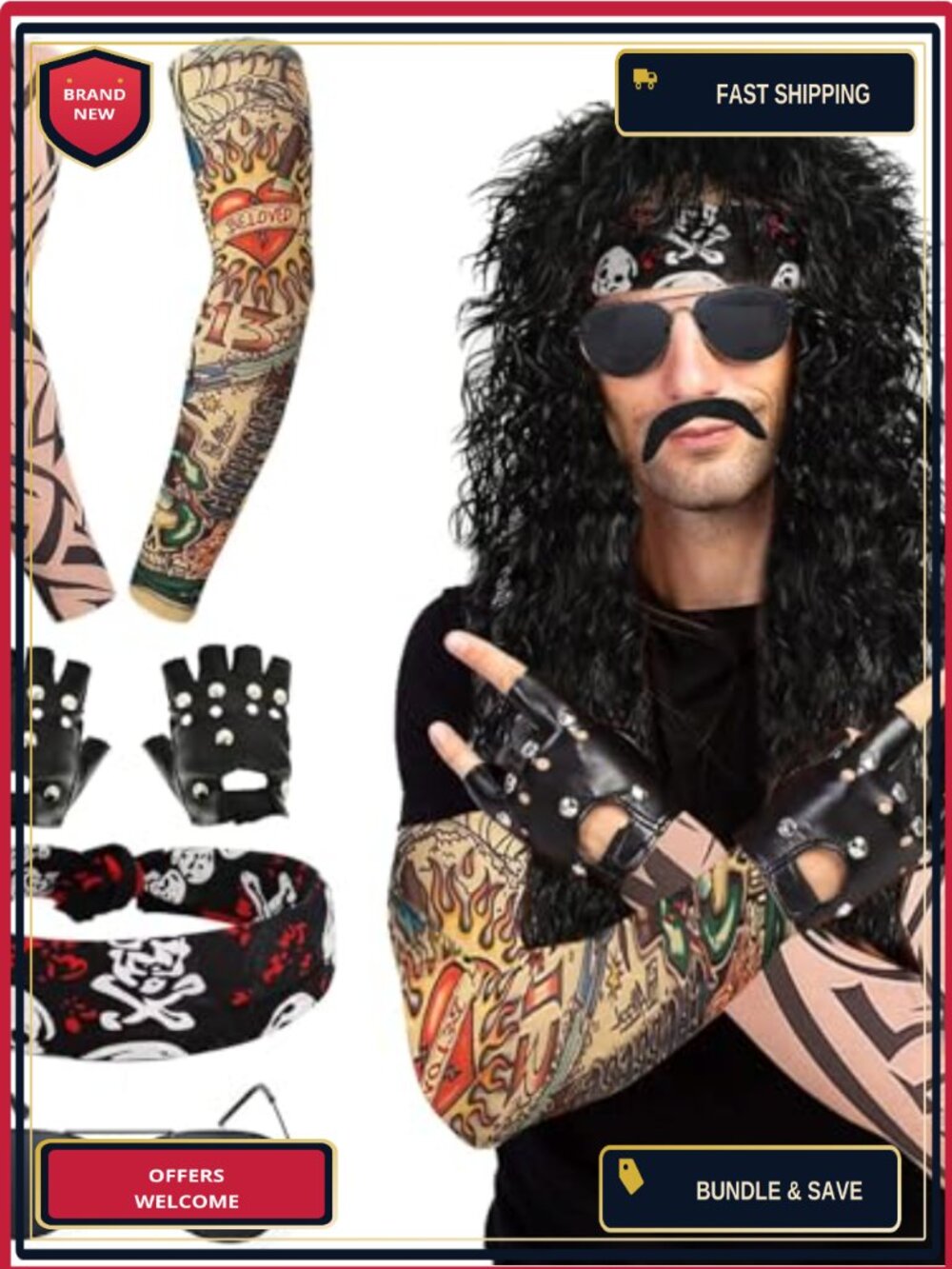 7 Pcs Men's Rocker Costume Wig Black Curly Disco Party Set